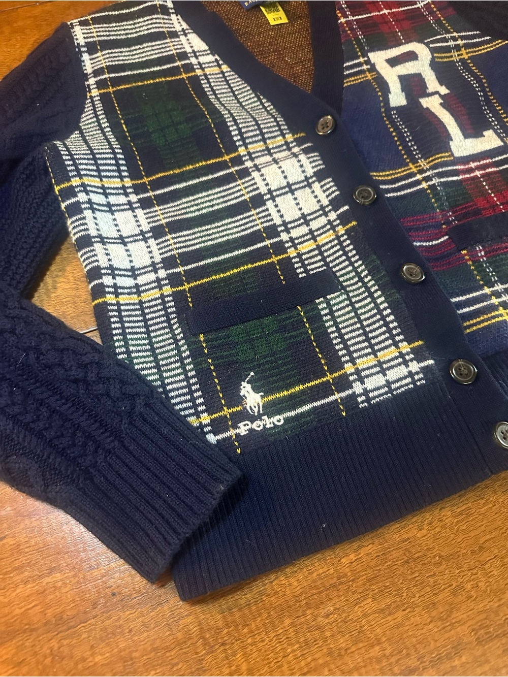 Polo Ralph Lauren Boys Plaid Cardigan Sweater RL Varsity Cable Knit Preppy